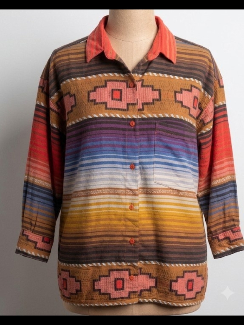 Vintage 90's Southwestern Aztec Geometric Striped Button Down Shirt (L/XL) Boho